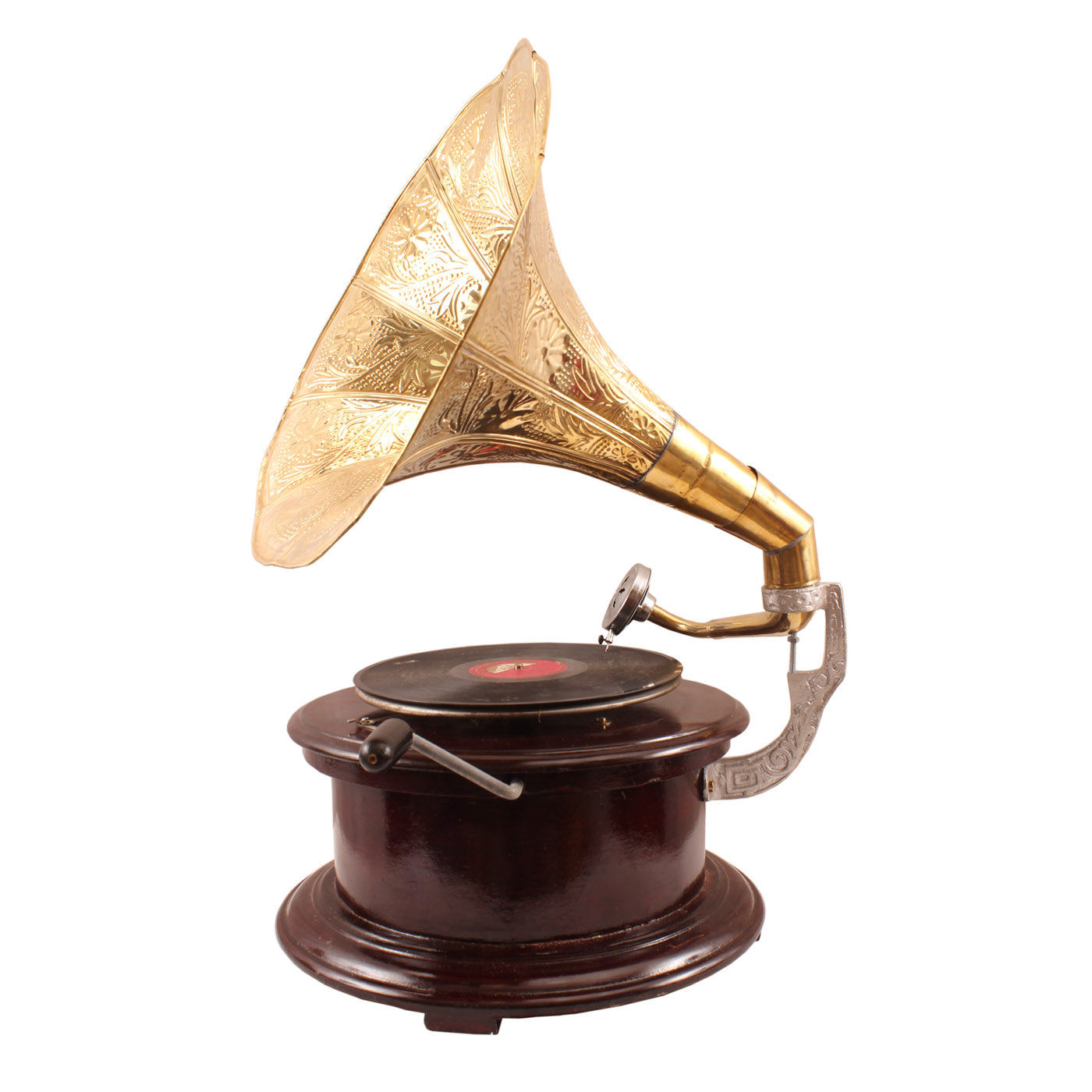 Pure Brass Round Wooden Base Gramophone with Designer Brass Horn