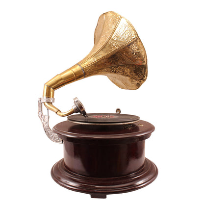 Pure Brass Round Wooden Base Gramophone with Designer Brass Horn