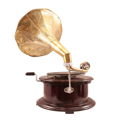 Pure Brass Round Wooden Base Gramophone with Designer Brass Horn