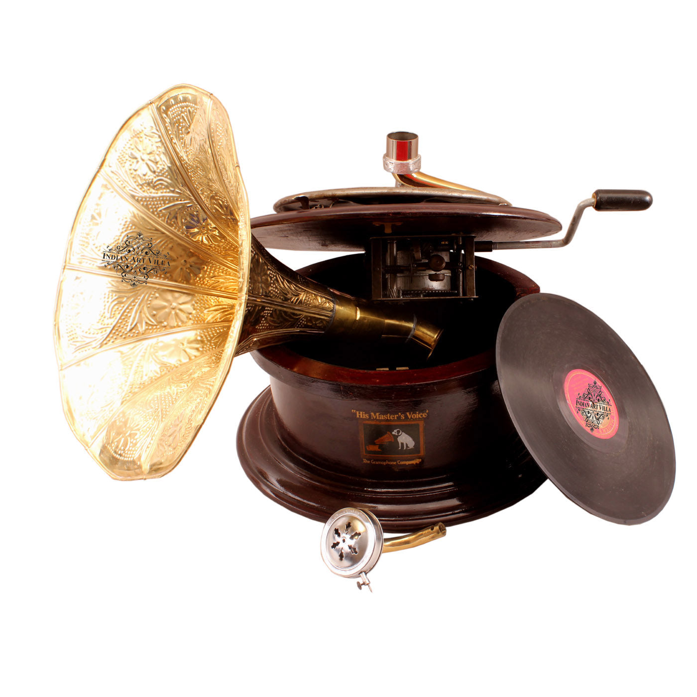 Pure Brass Round Wooden Base Gramophone with Designer Brass Horn