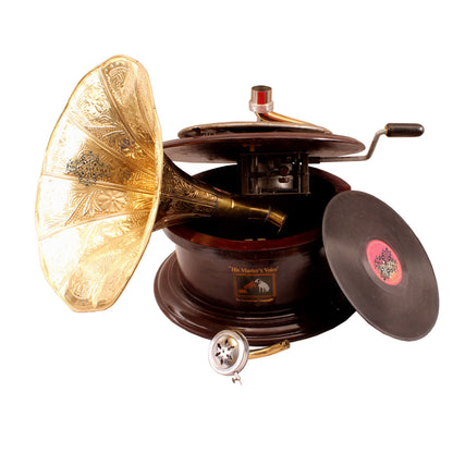 Pure Brass Round Wooden Base Gramophone with Designer Brass Horn