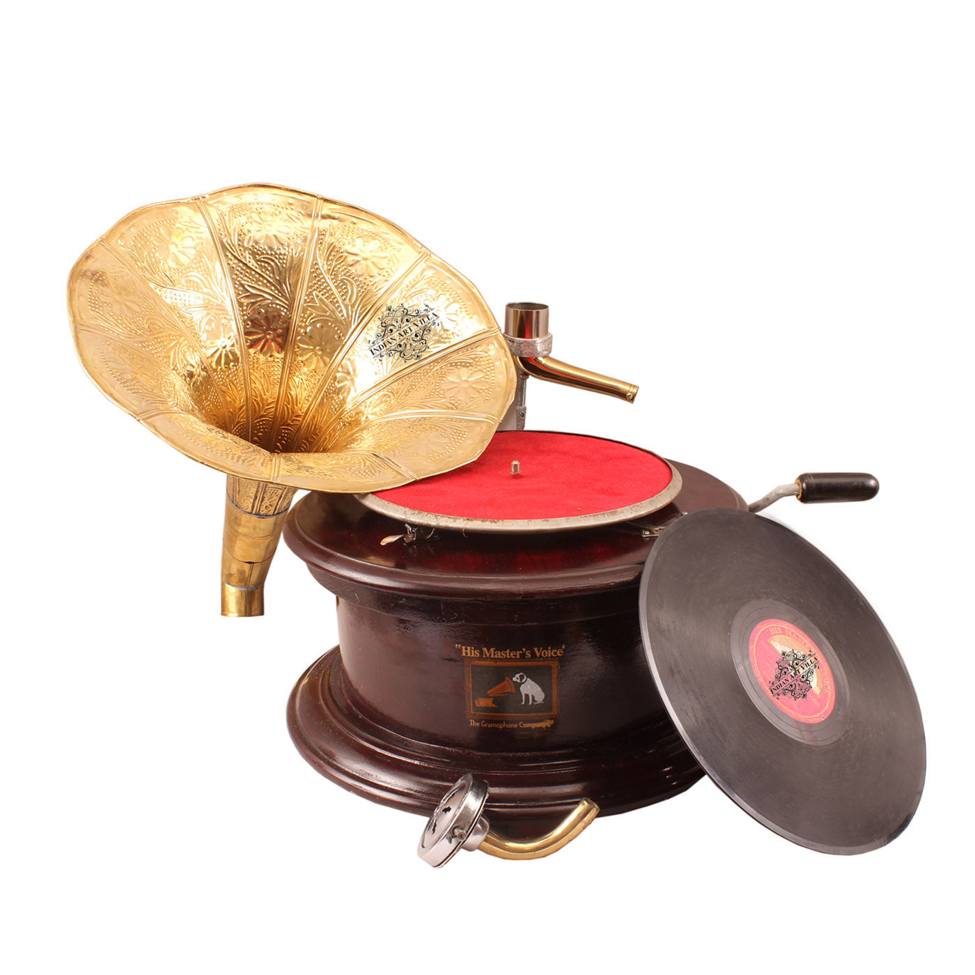 Pure Brass Round Wooden Base Gramophone with Designer Brass Horn
