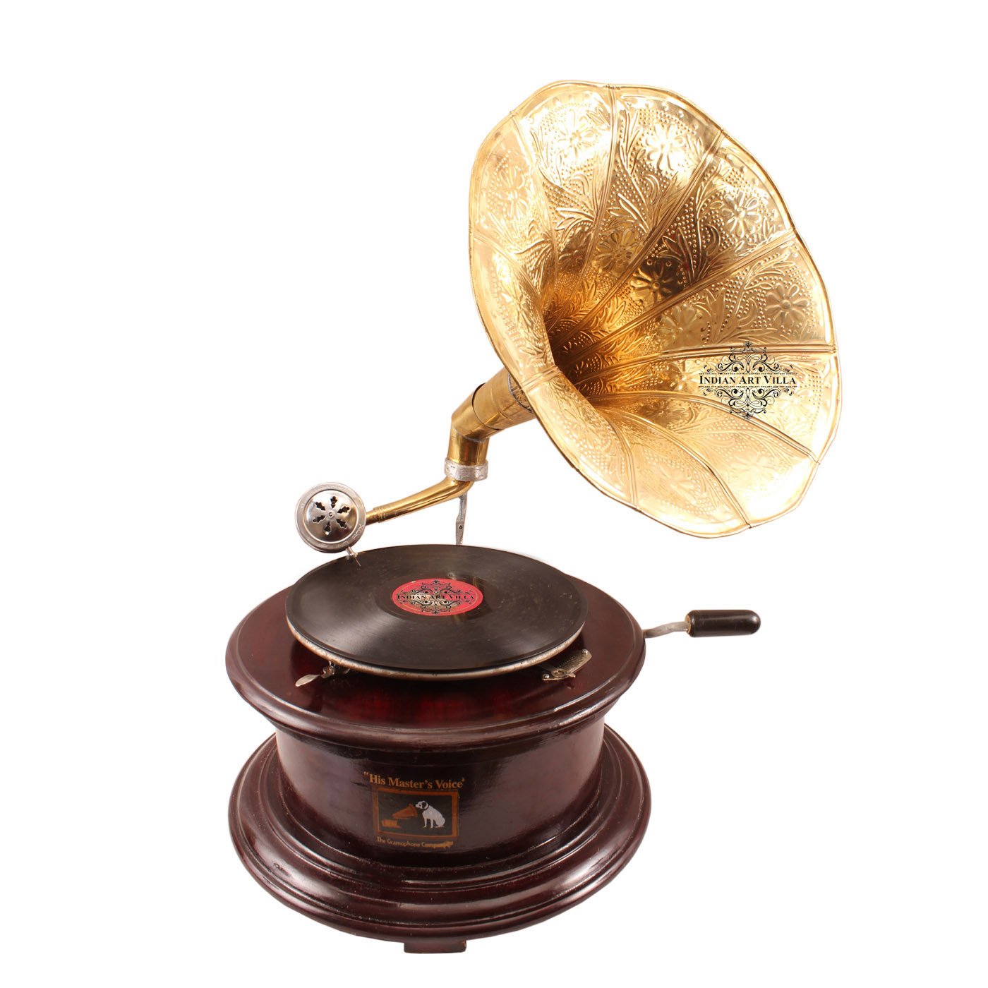 Pure Brass Round Wooden Base Gramophone with Designer Brass Horn