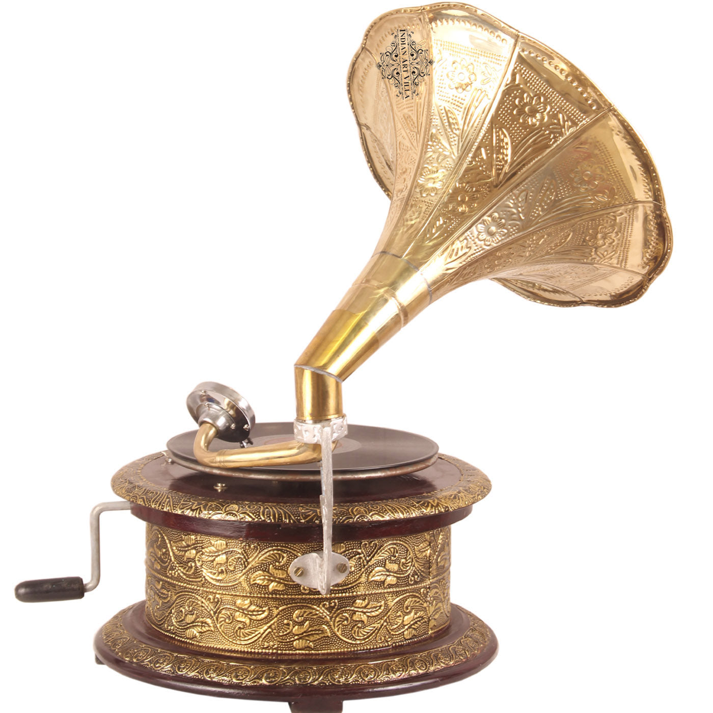 Engraved Leaf Design Round Wooden Base Phonograph/Gramophone Turn Table with Designer Brass Horn - Record Playing Home Office Decorative Item