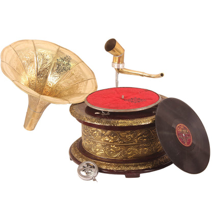 Engraved Leaf Design Round Wooden Base Phonograph/Gramophone Turn Table with Designer Brass Horn - Record Playing Home Office Decorative Item