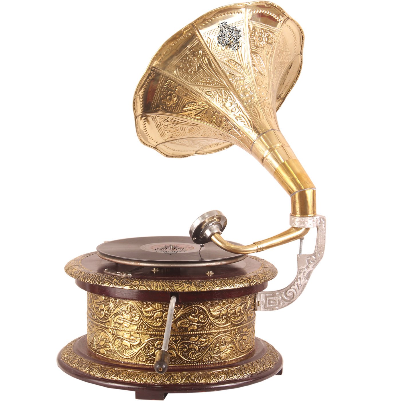 Engraved Leaf Design Round Wooden Base Phonograph/Gramophone Turn Table with Designer Brass Horn - Record Playing Home Office Decorative Item