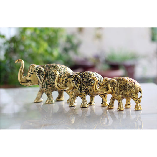 Aluminum Elephants Set of 3 With Dark Embossed Brass & Silver Finish Design, Home Decor, Room Decor, Handicarft Item & Decor, Color- Golden, Size-S,M & L