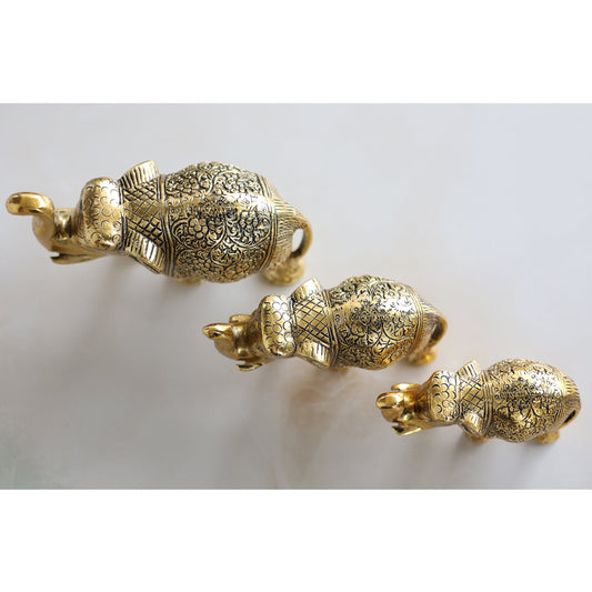 Aluminum Elephants Set of 3 With Dark Embossed Brass & Silver Finish Design, Home Decor, Room Decor, Handicarft Item & Decor, Color- Golden, Size-S,M & L