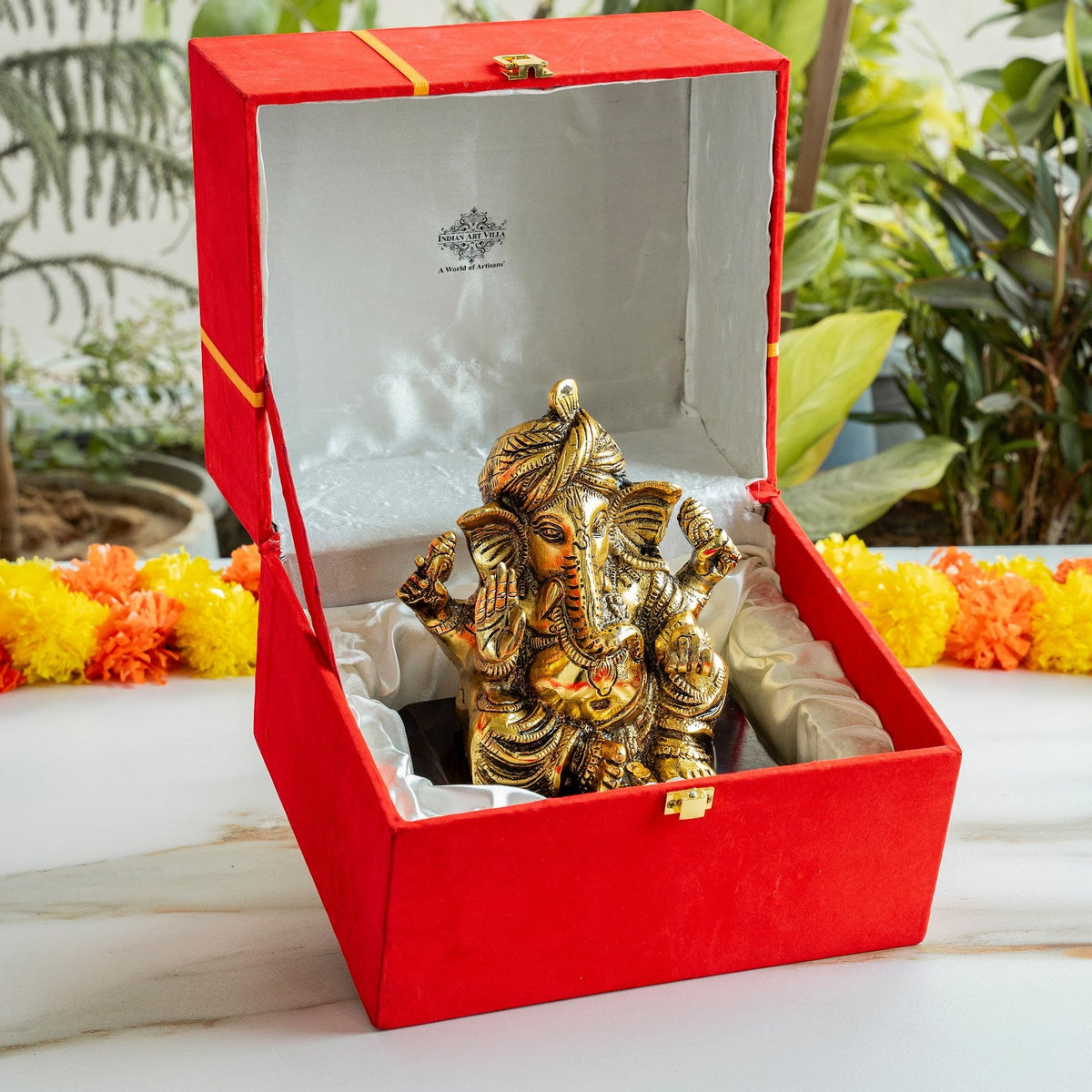 Brass Finish Ganesh Ji Murti with Velvet Gift Box