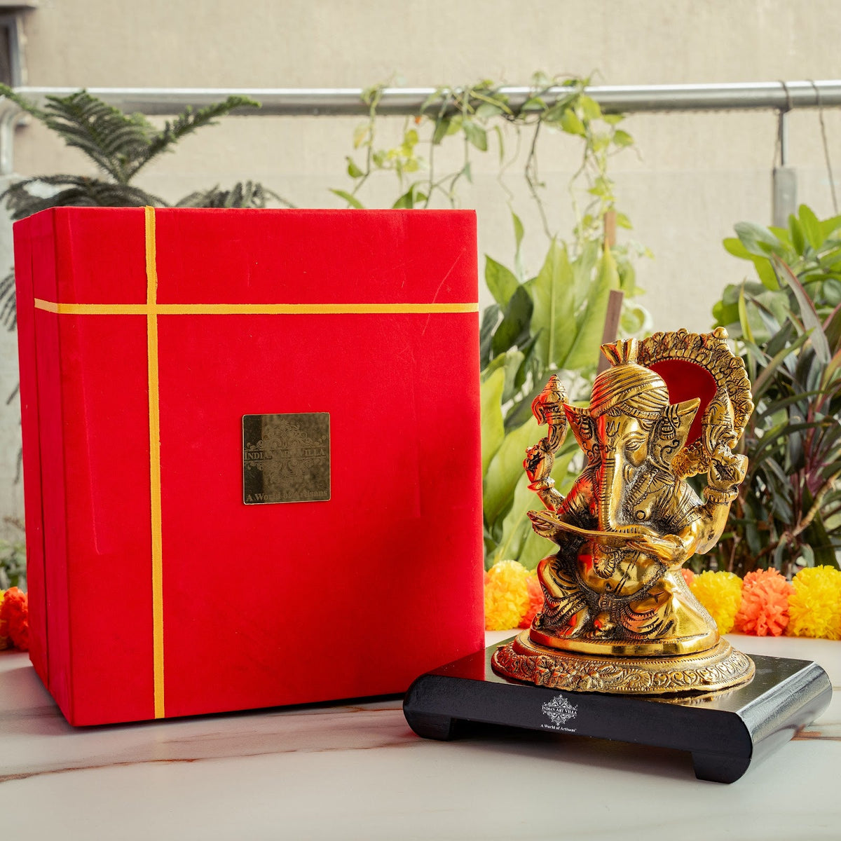 Brass Finish Ganesh Ji Murti with Wooden Base & Velvet Box