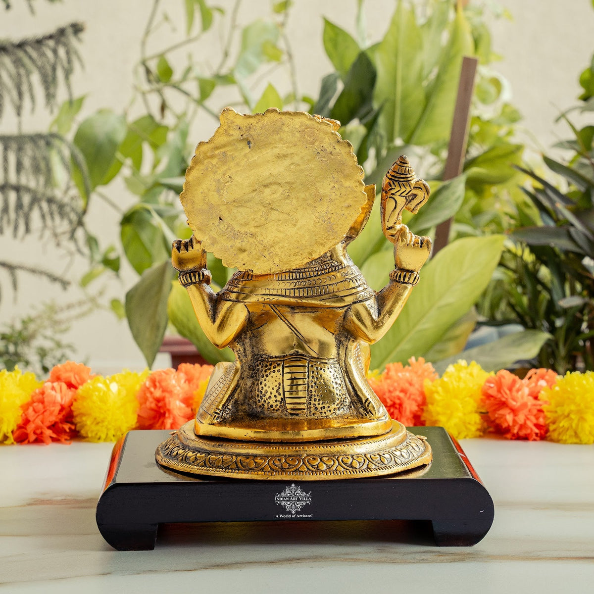 Brass Finish Ganesh Ji Murti with Wooden Base & Velvet Box