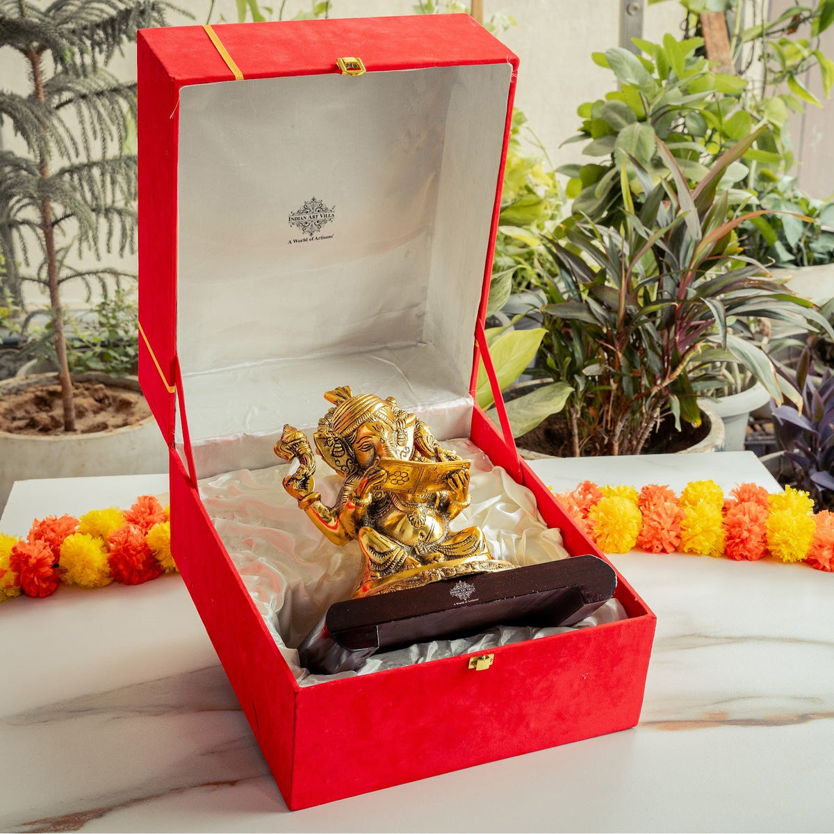Brass Finish Ganesh Ji Murti with Wooden Base & Velvet Box