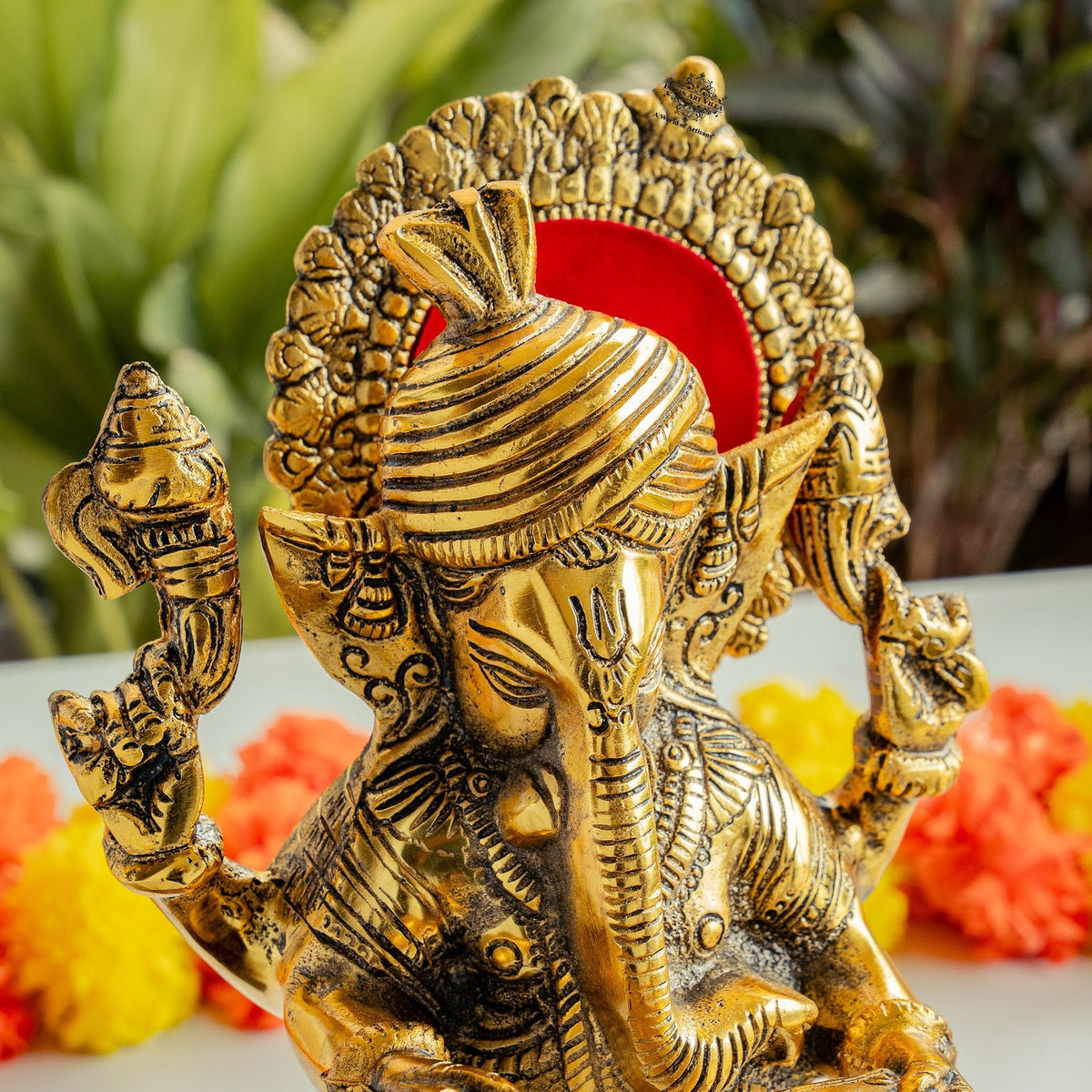 Brass Finish Ganesh Ji Murti with Wooden Base & Velvet Box