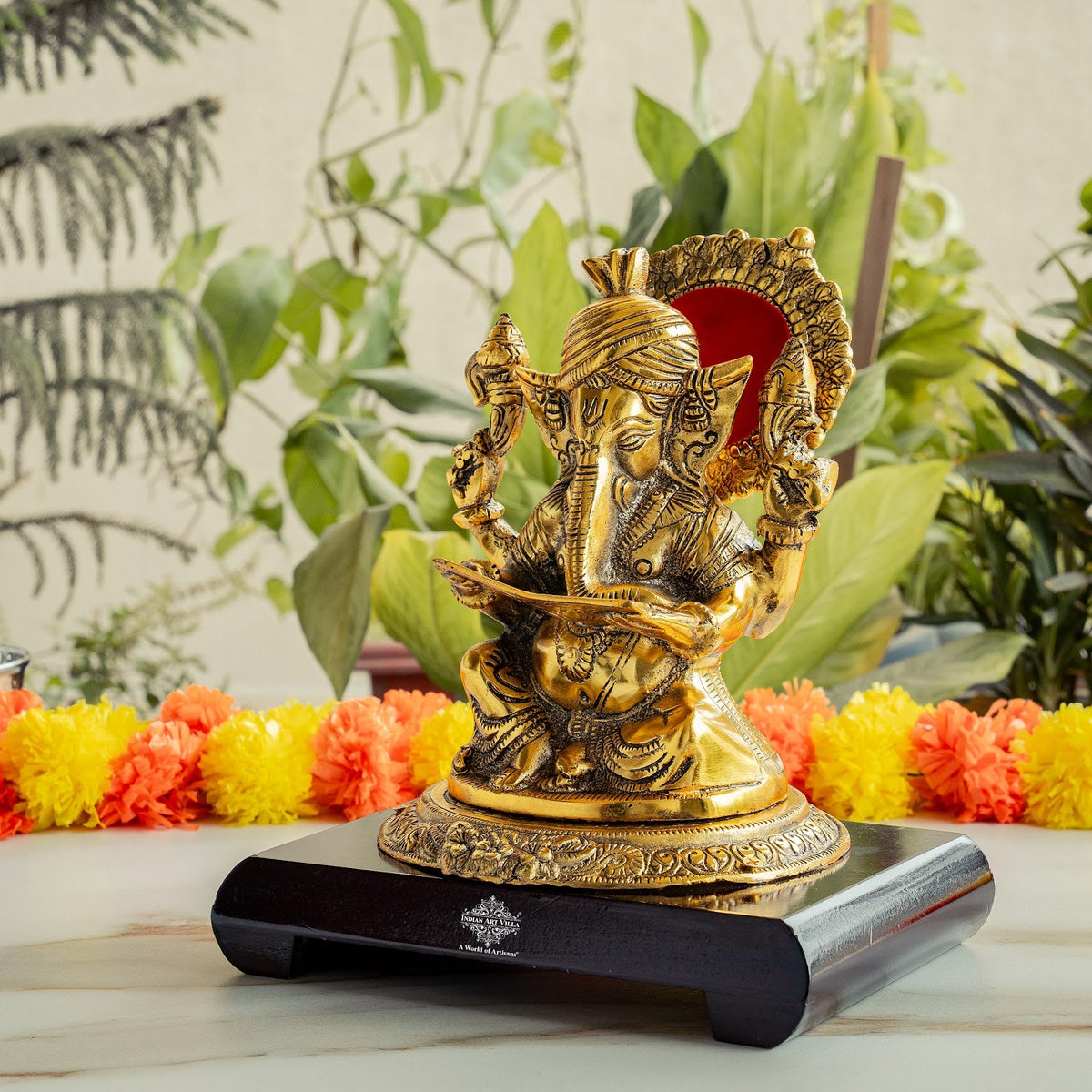 Brass Finish Ganesh Ji Murti with Wooden Base & Velvet Box