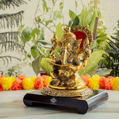 Brass Finish Ganesh Ji Murti with Wooden Base & Velvet Box