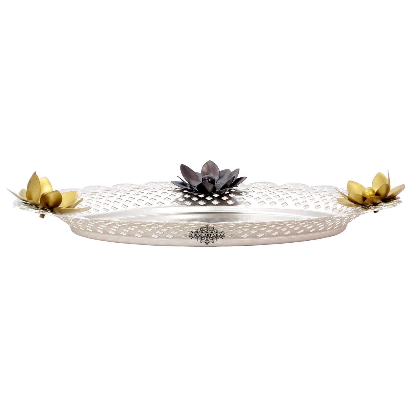 Pure Iron With Silver Plating Designer Centerpiece Thali Platter , Puja Thali, Flower Design, 27.94 cm