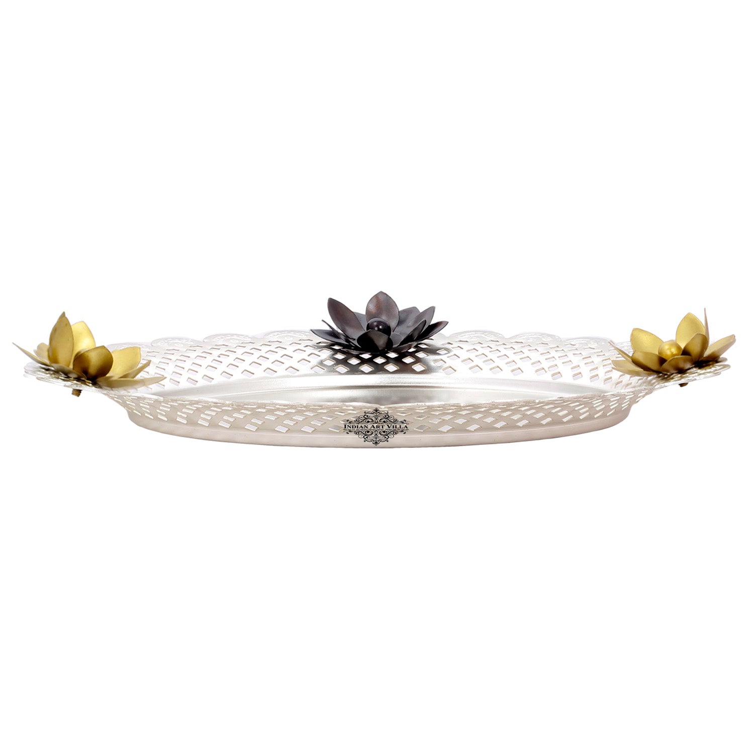 Pure Iron With Silver Plating Designer Centerpiece Thali Platter , Puja Thali, Flower Design, 27.94 cm