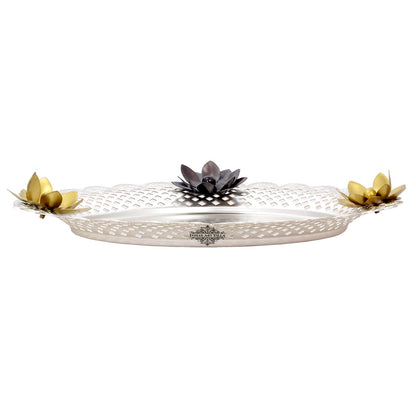 Pure Iron With Silver Plating Designer Centerpiece Thali Platter , Puja Thali, Flower Design, 27.94 cm