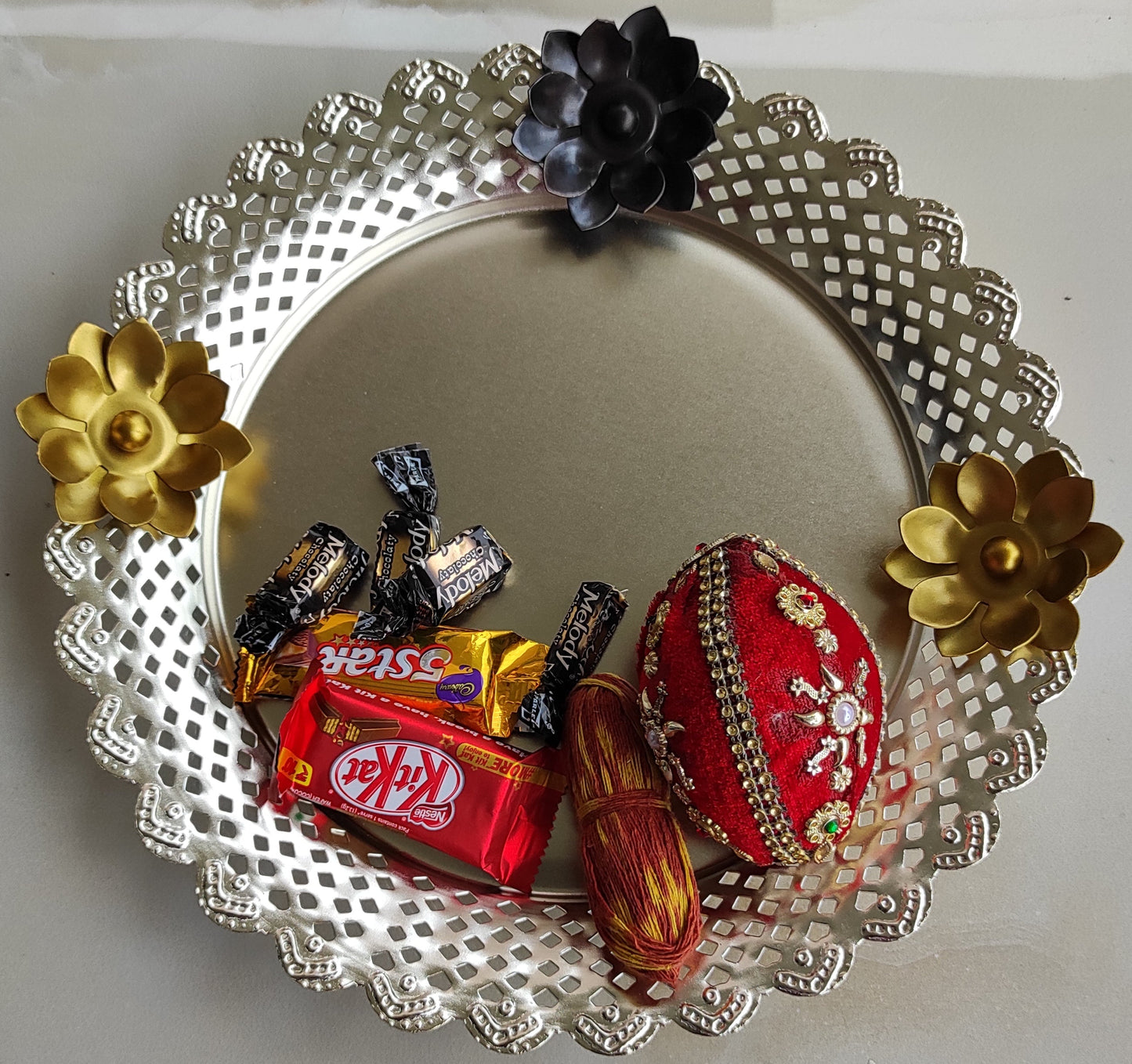 Pure Iron With Silver Plating Designer Centerpiece Thali Platter , Puja Thali, Flower Design, 27.94 cm