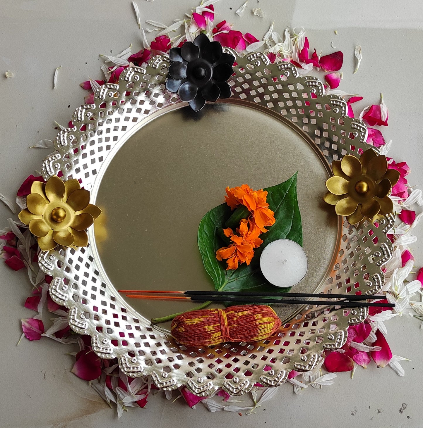 Pure Iron With Silver Plating Designer Centerpiece Thali Platter , Puja Thali, Flower Design, 27.94 cm