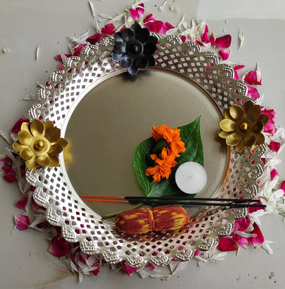 Pure Iron With Silver Plating Designer Centerpiece Thali Platter , Puja Thali, Flower Design, 27.94 cm