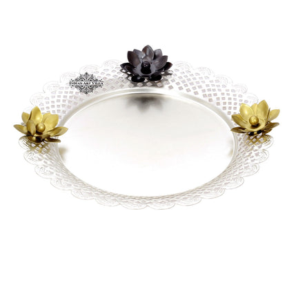 Pure Iron With Silver Plating Designer Centerpiece Thali Platter , Puja Thali, Flower Design, 27.94 cm