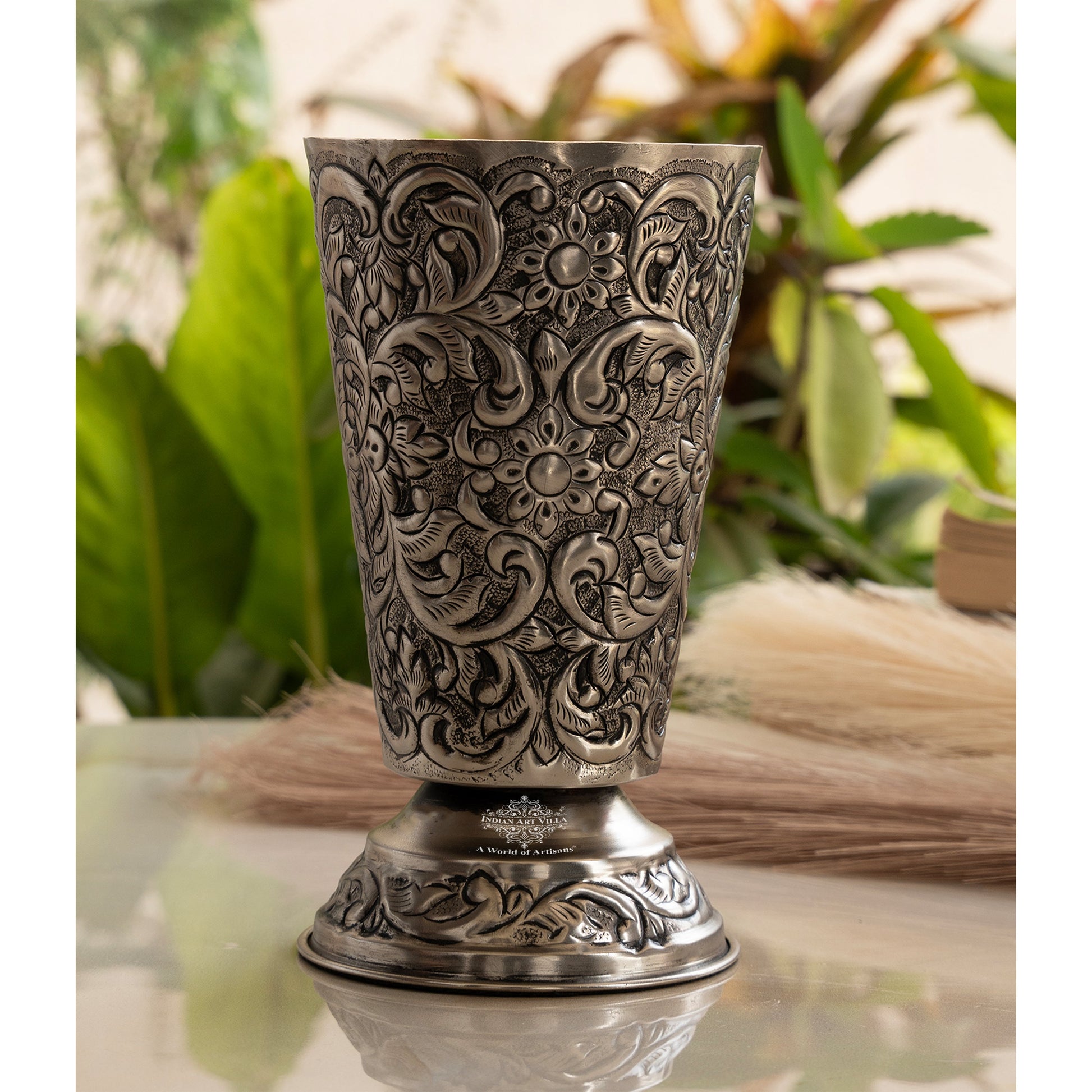 Hand-Embossed Aluminium Flower Vase | Elegant Decorative Glass Design | 17 cm Diameter