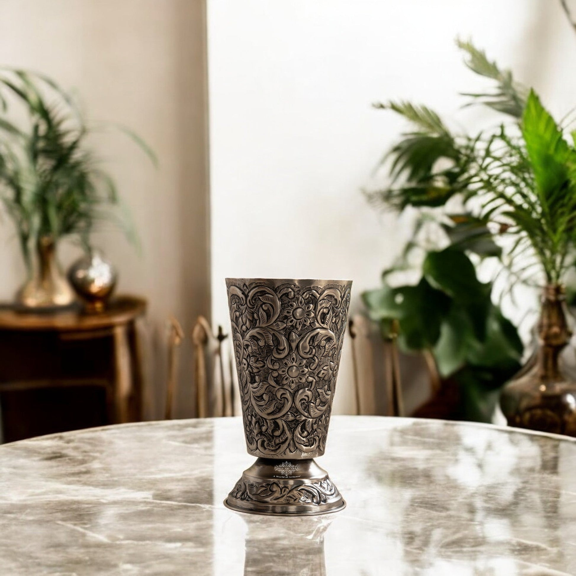 Hand-Embossed Aluminium Flower Vase | Elegant Decorative Glass Design | 17 cm Diameter