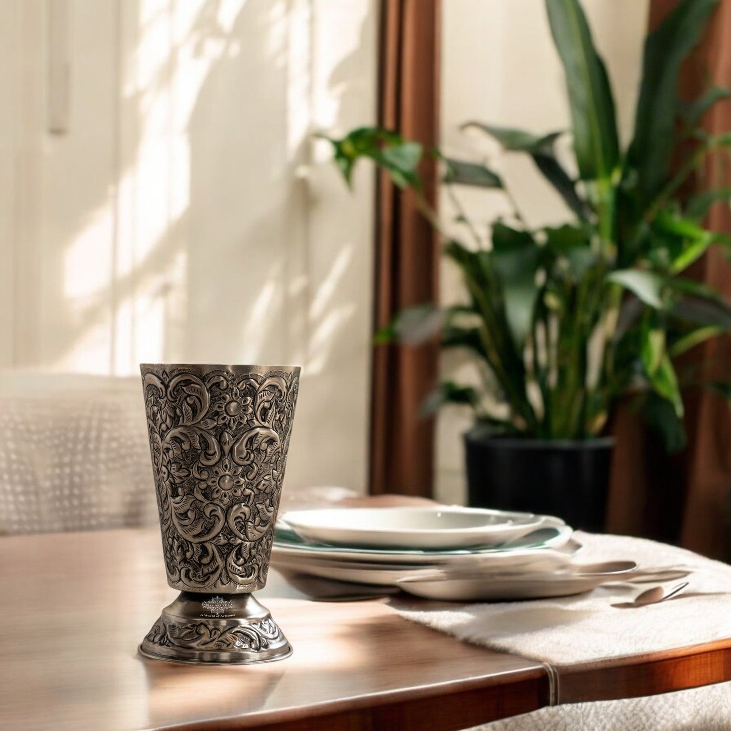 Hand-Embossed Aluminium Flower Vase | Elegant Decorative Glass Design | 17 cm Diameter