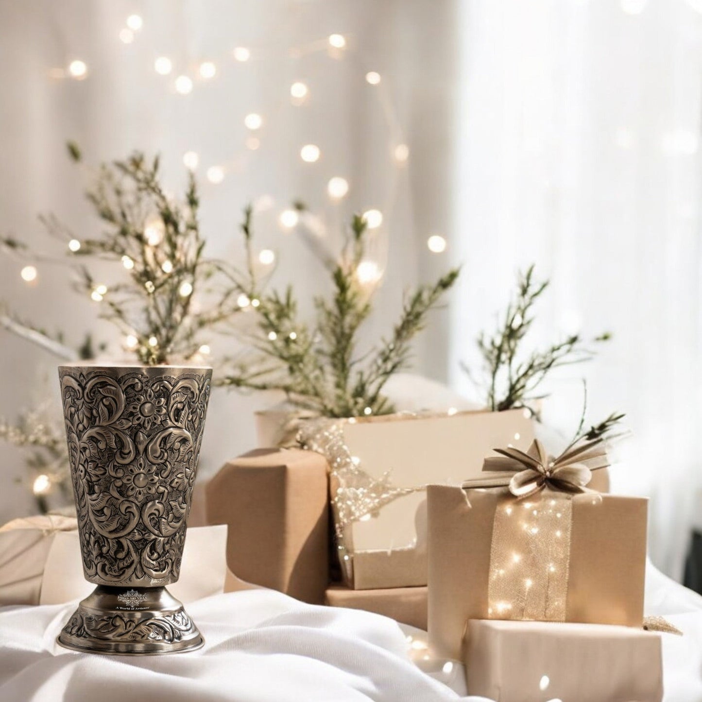 Hand-Embossed Aluminium Flower Vase | Elegant Decorative Glass Design | 17 cm Diameter