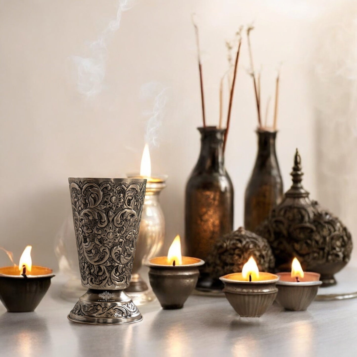 Hand-Embossed Aluminium Flower Vase | Elegant Decorative Glass Design | 17 cm Diameter