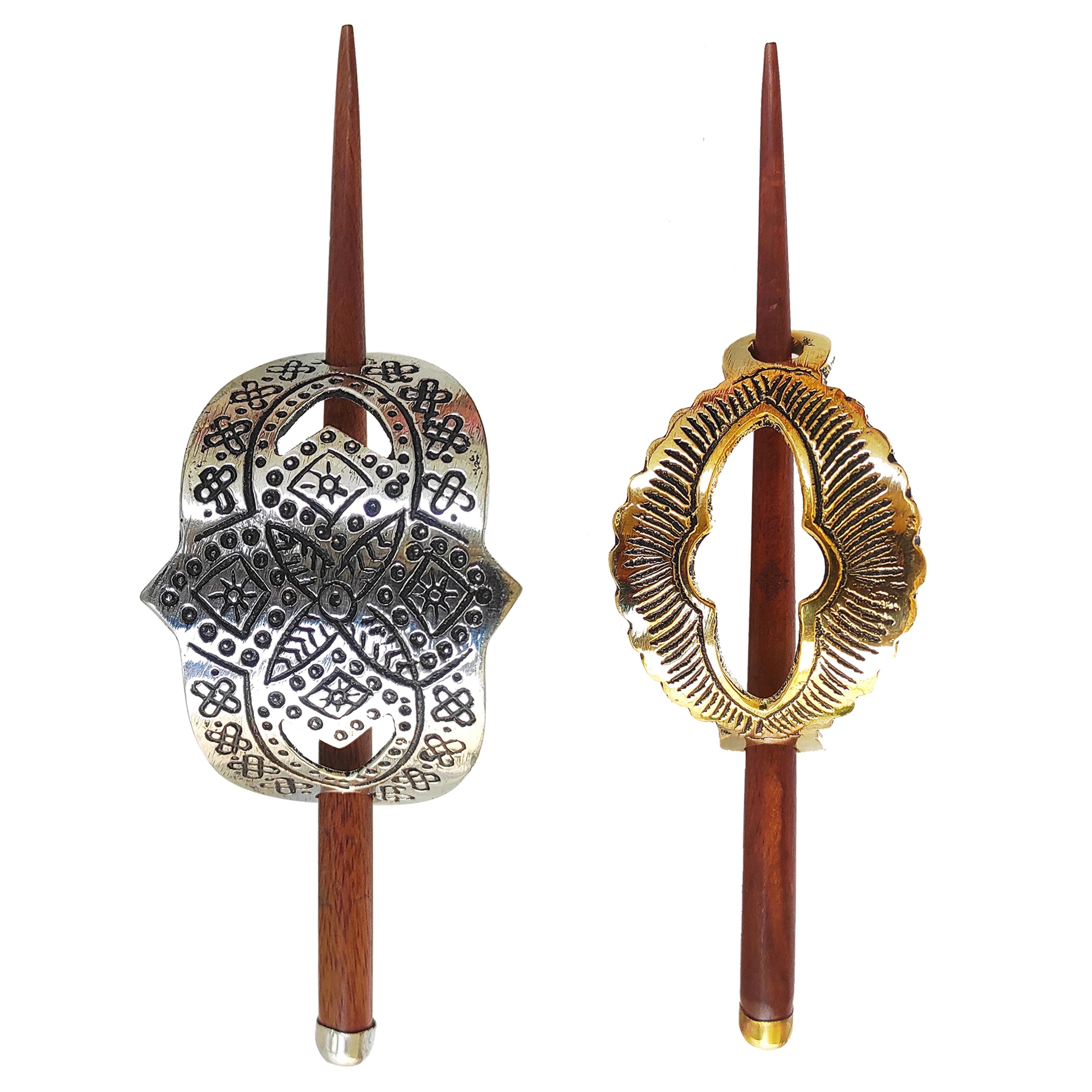 2 Pcs. Hair Clip Set of 1 Brass Oval Lining & 1 Steel, Silver Arch Design