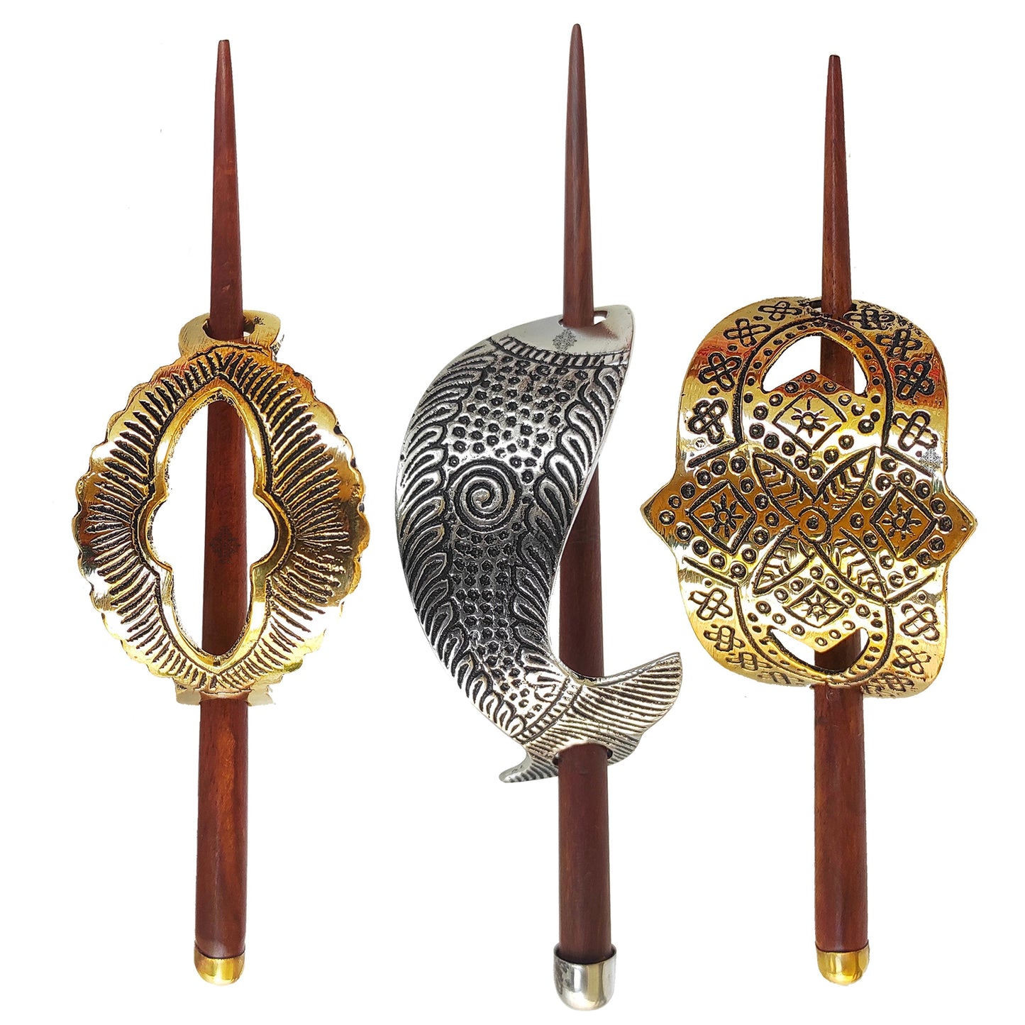 3 Pcs. Hair Clip Set of 1 Brass Oval Lining & Steel 1 Fish & 1 Gold Arch Design