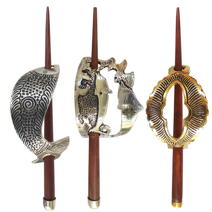 3 Pcs. Hair Clip Set of 1 Brass Oval Lining & Steel 1-Abstract, 1 Fish Design