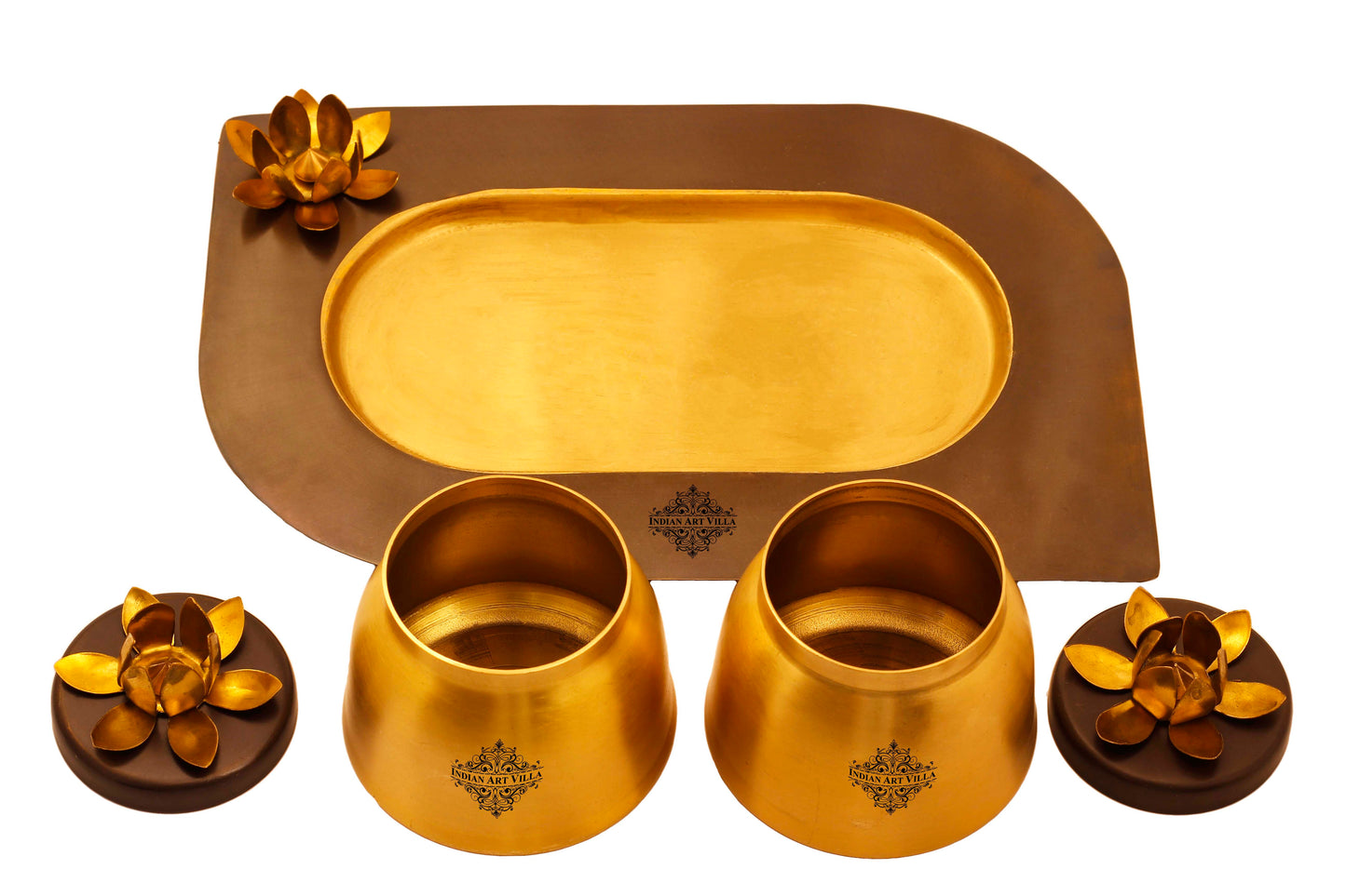 Pure Brass Set of 2 Designer Serving Bowls With Tray, Serveware, Tableware
