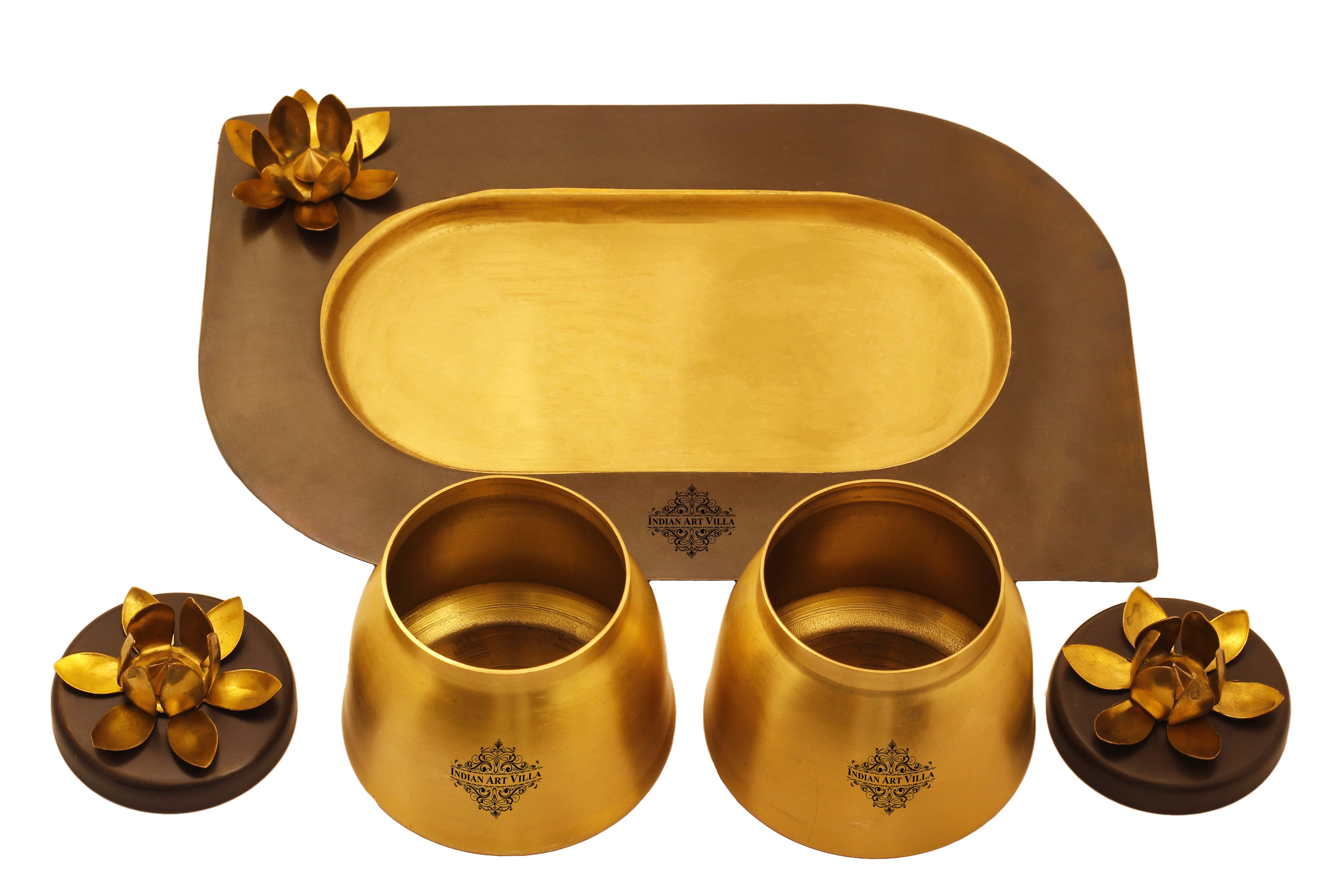 Pure Brass Set of 2 Designer Serving Bowls With Tray, Serveware, Tableware