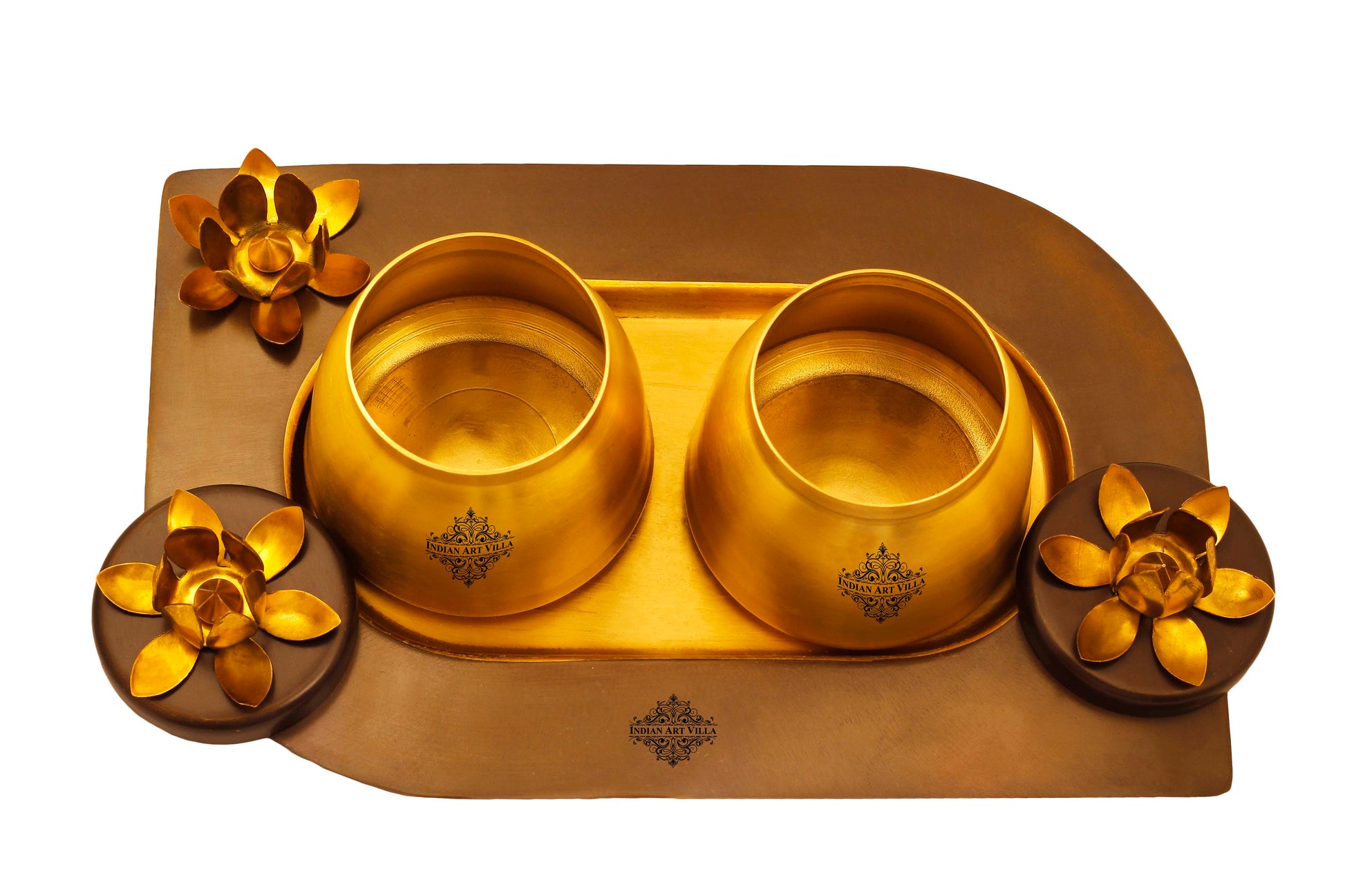 Pure Brass Set of 2 Designer Serving Bowls With Tray, Serveware, Tableware