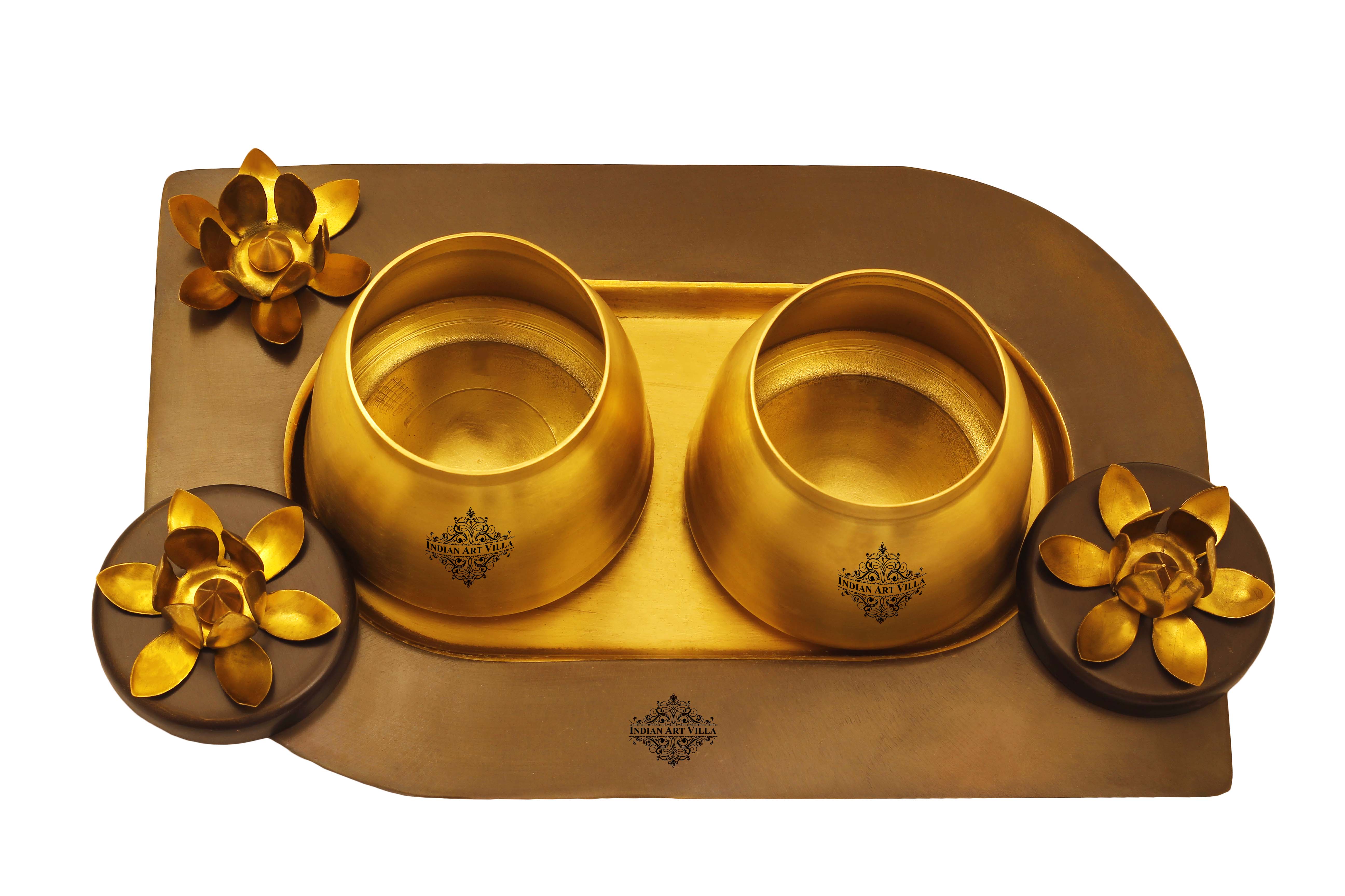 Pure Brass Set of 2 Designer Serving Bowls With Tray, Serveware, Tableware