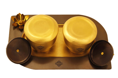 Pure Brass Set of 2 Designer Serving Bowls With Tray, Serveware, Tableware