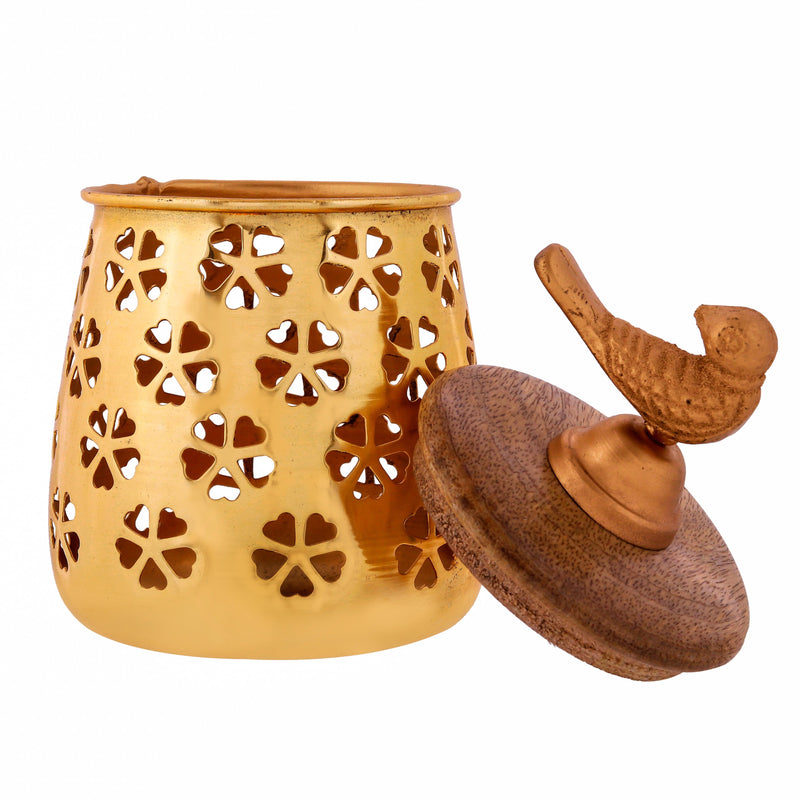 Designer Carved Metal Container With Golden Metal Bird On The Top, Height:- 17.53 cm