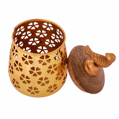 Designer Carved Metal Container With Golden Metal Bird On The Top, Height:- 17.53 cm