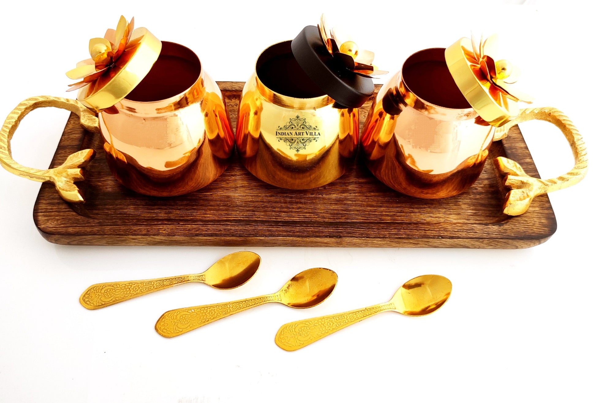 Handmade Set of 3 Dry Fruit Box, with 3 spoons & 1 Designer Tray Packed in Red Velvet Box | Serveware | Tableware | Gift Item | Home decor