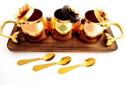 Handmade Set of 3 Dry Fruit Box, with 3 spoons & 1 Designer Tray Packed in Red Velvet Box | Serveware | Tableware | Gift Item | Home decor