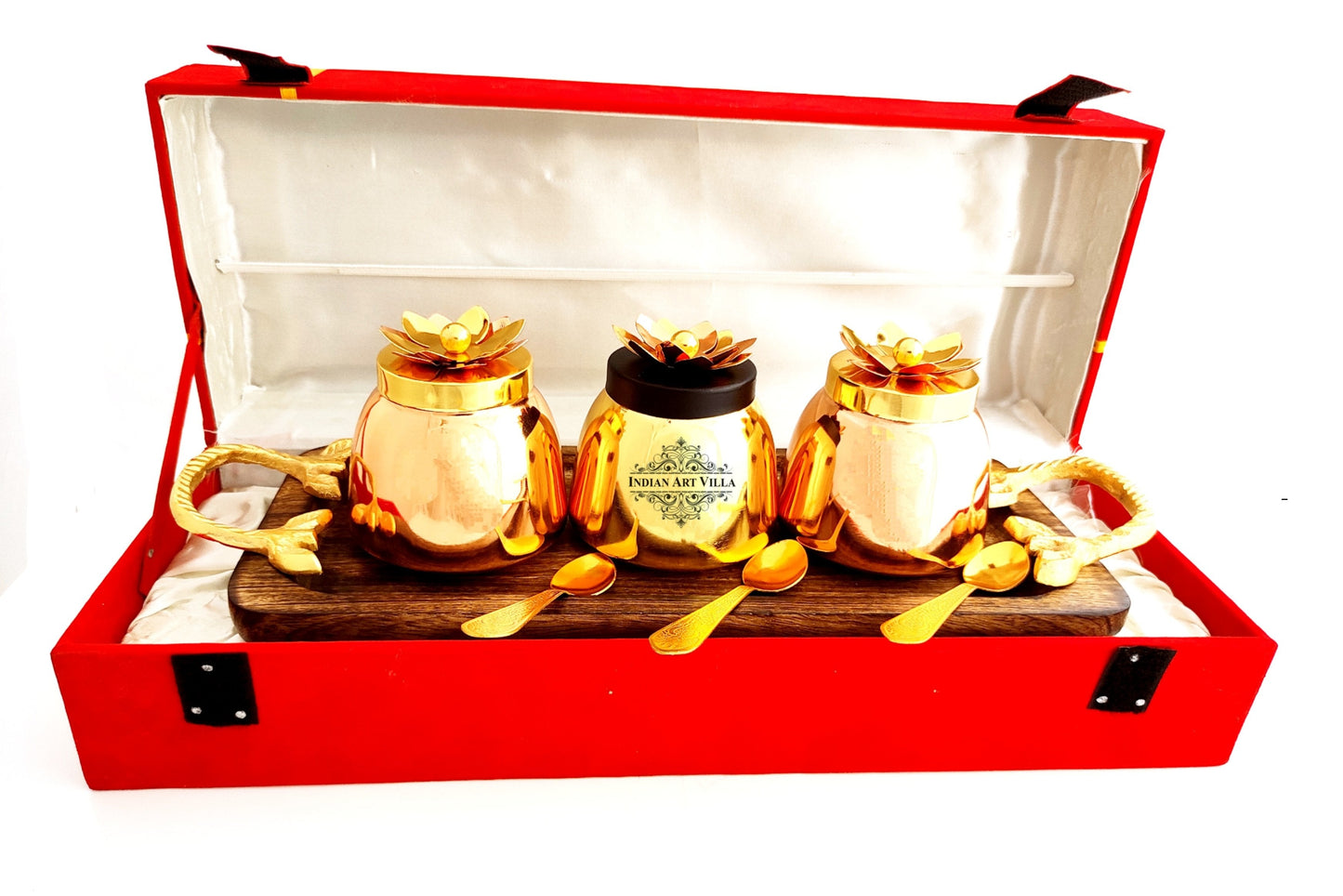Handmade Set of 3 Dry Fruit Box, with 3 spoons & 1 Designer Tray Packed in Red Velvet Box | Serveware | Tableware | Gift Item | Home decor