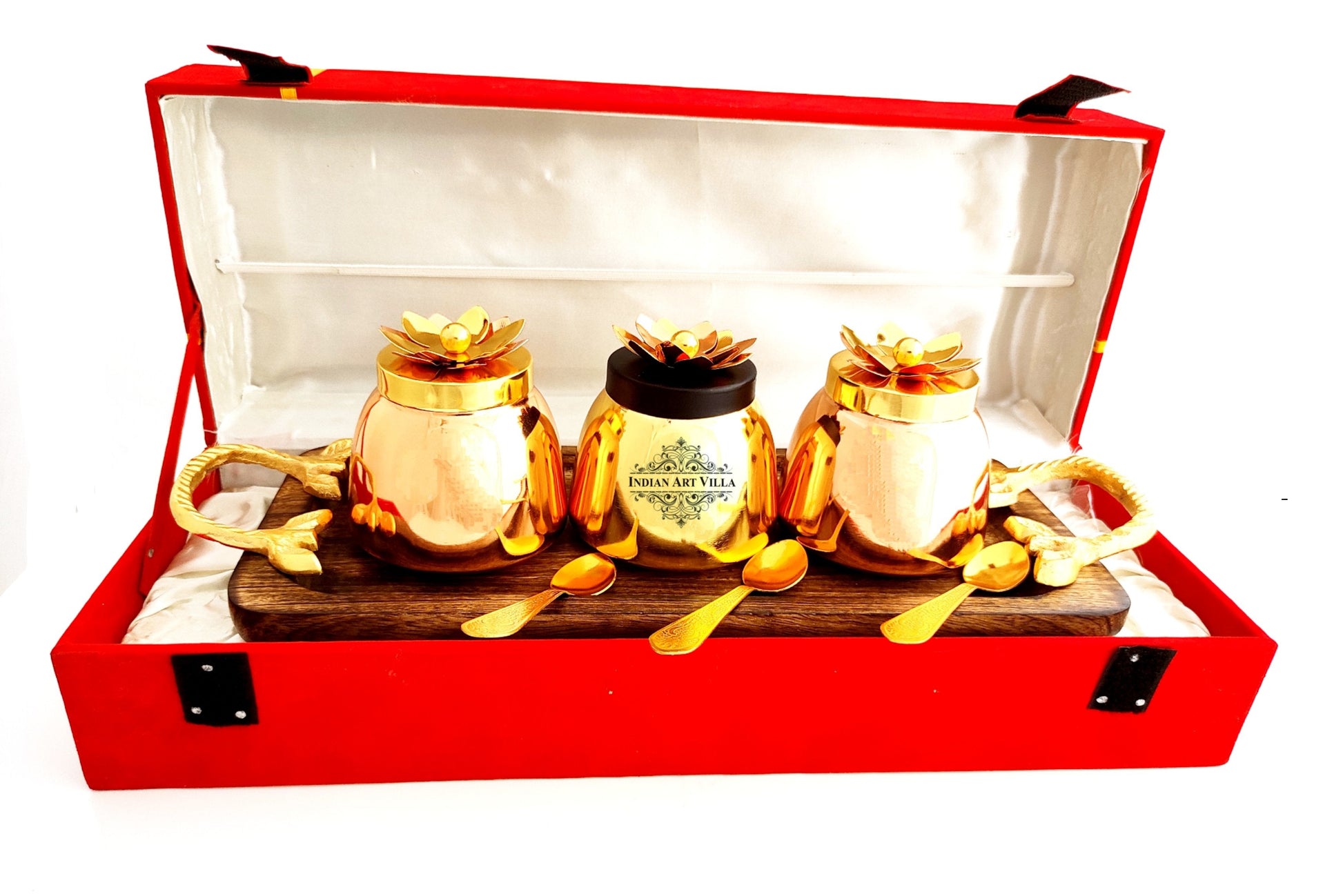 Handmade Set of 3 Dry Fruit Box, with 3 spoons & 1 Designer Tray Packed in Red Velvet Box | Serveware | Tableware | Gift Item | Home decor