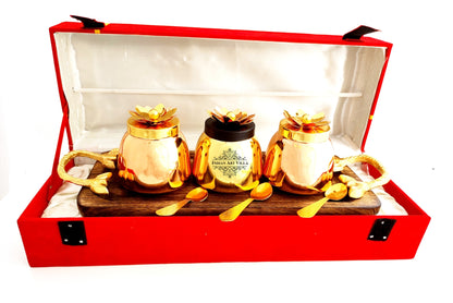 Handmade Set of 3 Dry Fruit Box, with 3 spoons & 1 Designer Tray Packed in Red Velvet Box | Serveware | Tableware | Gift Item | Home decor