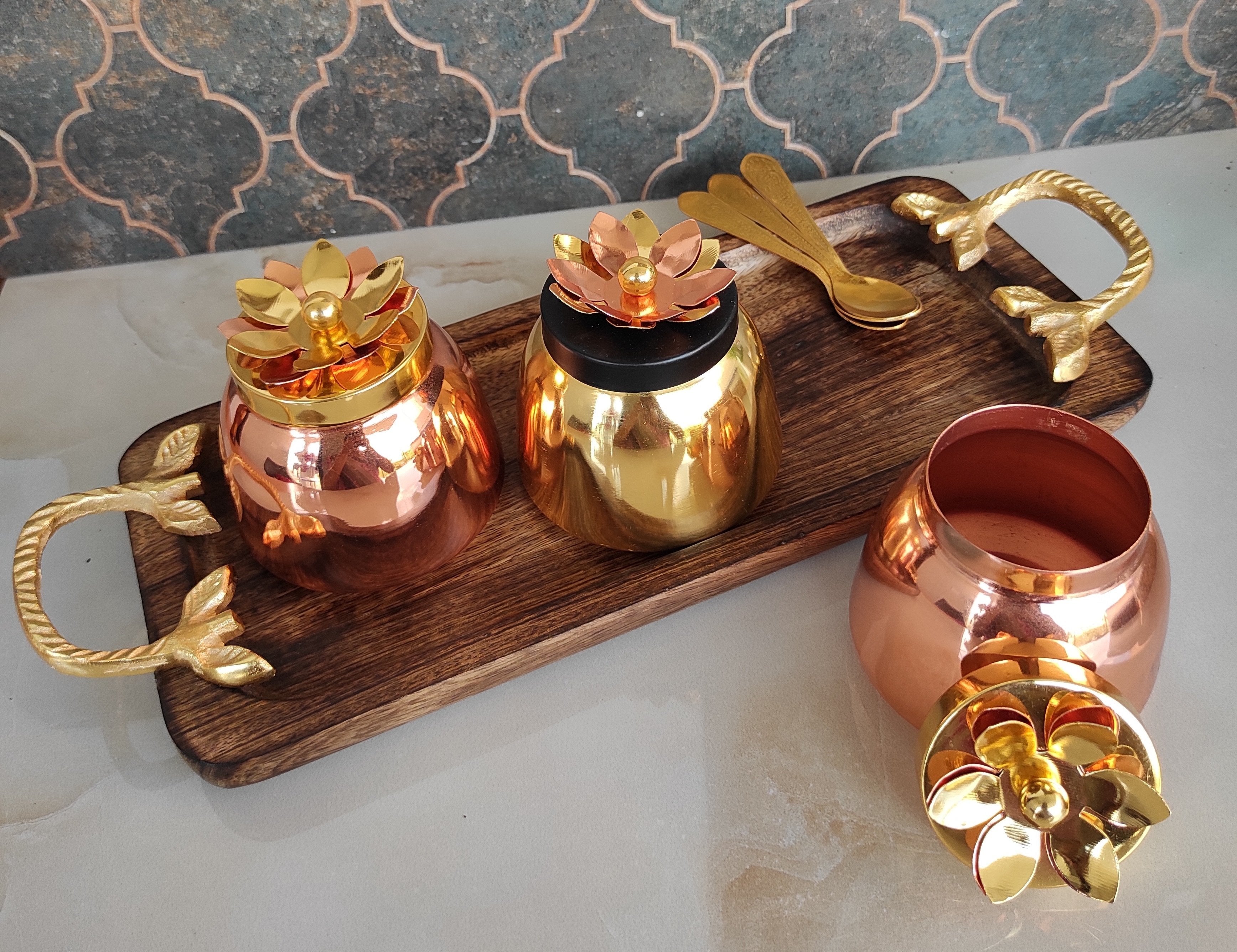 Handmade Set of 3 Dry Fruit Box, with 3 spoons & 1 Designer Tray Packed in Red Velvet Box | Serveware | Tableware | Gift Item | Home decor