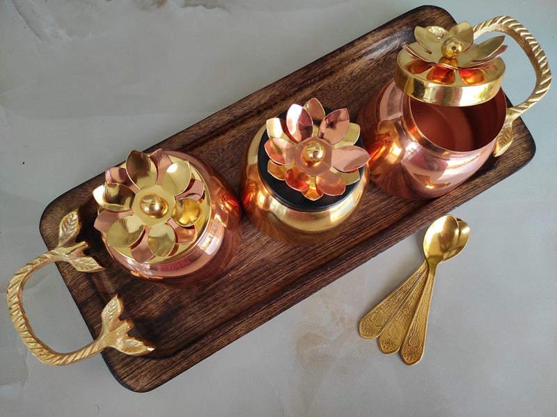 Handmade Set of 3 Dry Fruit Box, with 3 spoons & 1 Designer Tray Packed in Red Velvet Box | Serveware | Tableware | Gift Item | Home decor