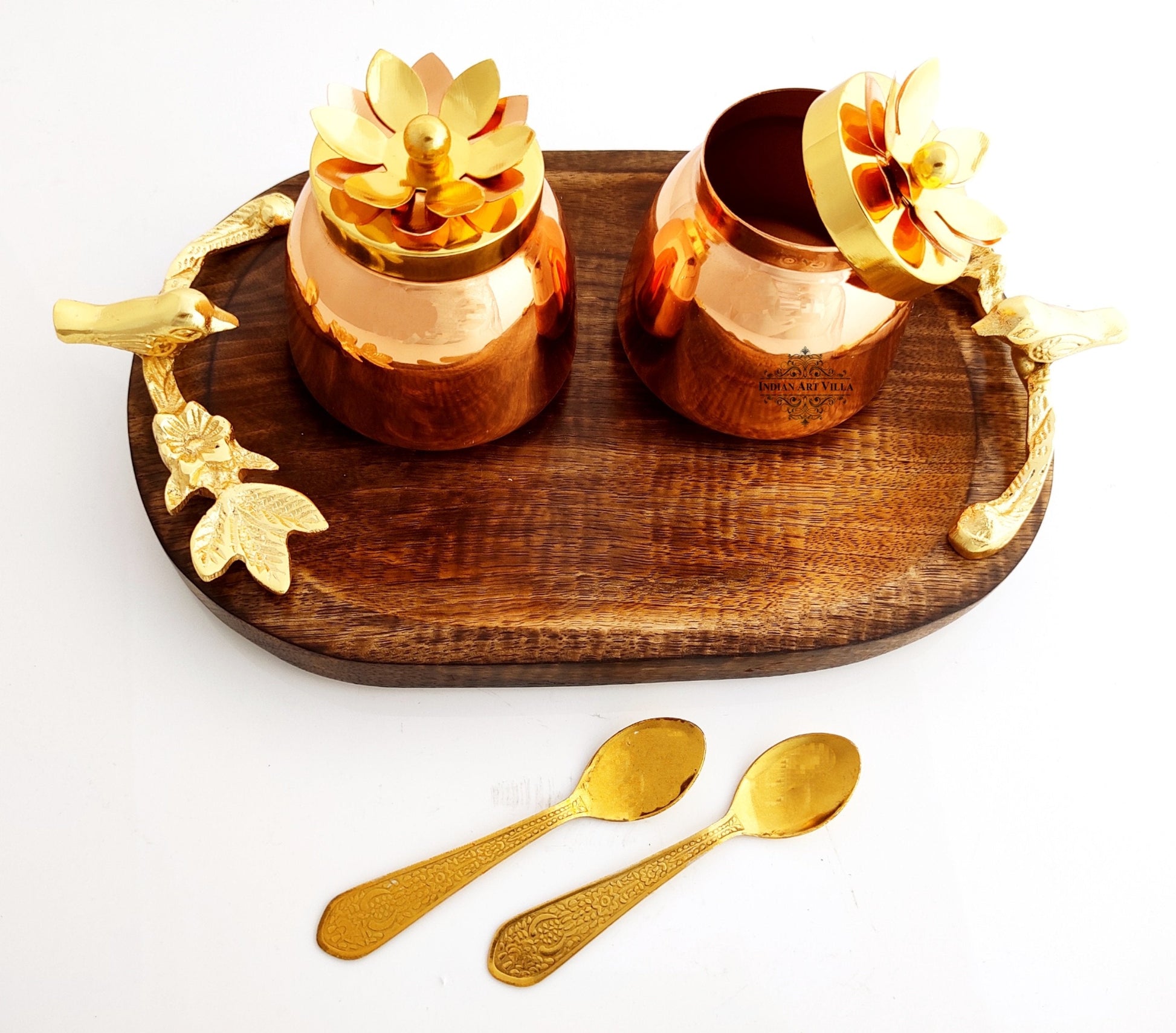 Handmade Set of 2 Dry Fruit Box, with 2 spoons & 1 Designer Tray Packed in Red Velvet Box | Serveware | Tableware | Gift Item | Home decor