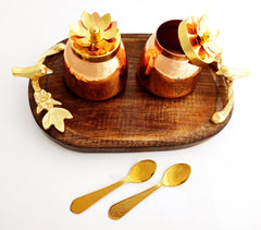 Handmade Set of 2 Dry Fruit Box, with 2 spoons & 1 Designer Tray Packed in Red Velvet Box | Serveware | Tableware | Gift Item | Home decor